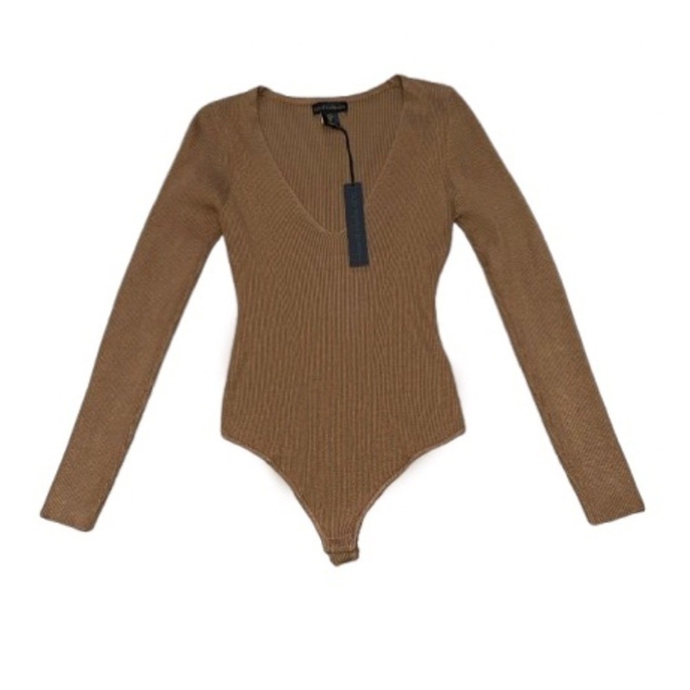 HOUSE OF HARLOW 1960‎ *NWT* Ribbed Stretch Knit Bodysuit Tan | Sz L